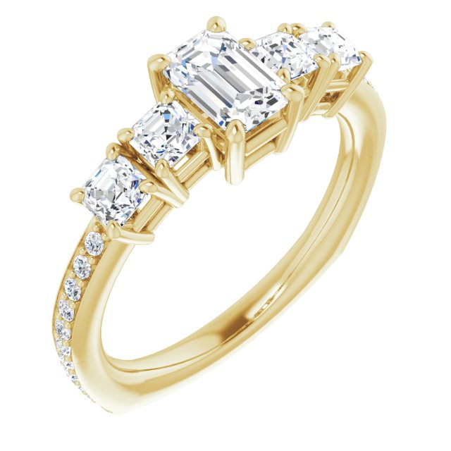 10K Yellow Gold Customizable Emerald/Radiant Cut 5-stone Style with Quad Emerald/Radiant Accents plus Shared Prong Band
