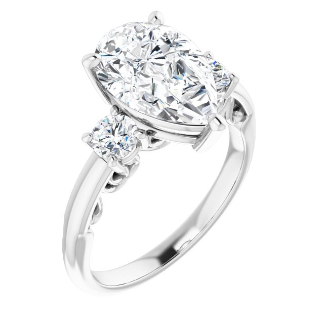 10K White Gold Customizable Pear Cut 3-stone Style featuring Heart-Motif Band Enhancement