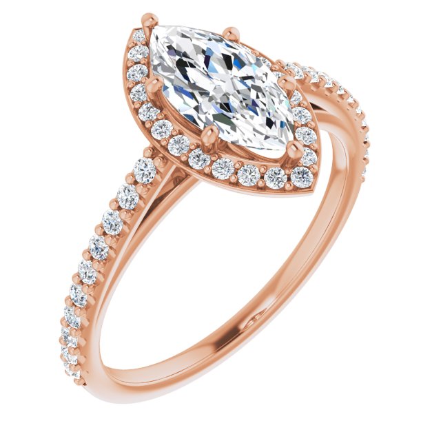 10K Rose Gold Customizable Marquise Cut Design with Halo and Thin Pavé Band