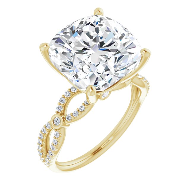 10K Yellow Gold Customizable Cushion Cut Design with Infinity-inspired Split Pavé Band and Bezel Peekaboo Accents