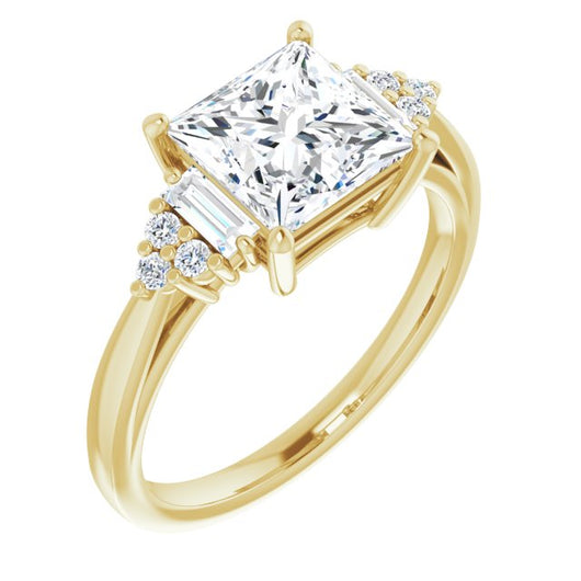 10K Yellow Gold Customizable 9-stone Design with Princess/Square Cut Center, Side Baguettes and Tri-Cluster Round Accents