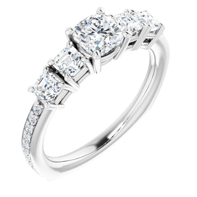 10K White Gold Customizable Cushion Cut 5-stone Style with Quad Cushion Accents plus Shared Prong Band