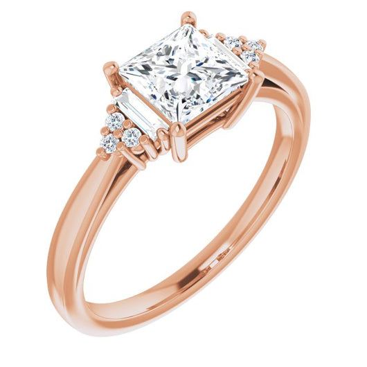 10K Rose Gold Customizable 9-stone Design with Princess/Square Cut Center, Side Baguettes and Tri-Cluster Round Accents