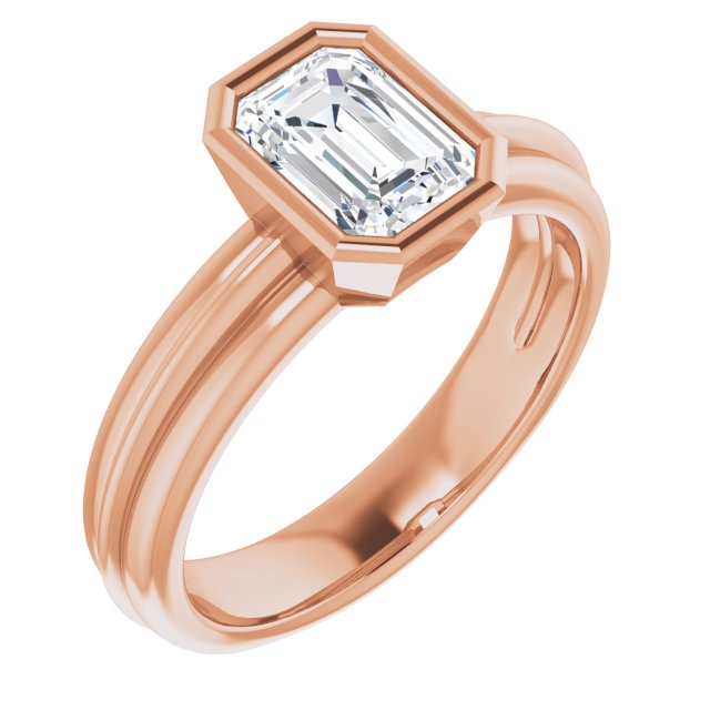 10K Rose Gold Customizable Bezel-set Emerald/Radiant Cut Solitaire with Grooved Band