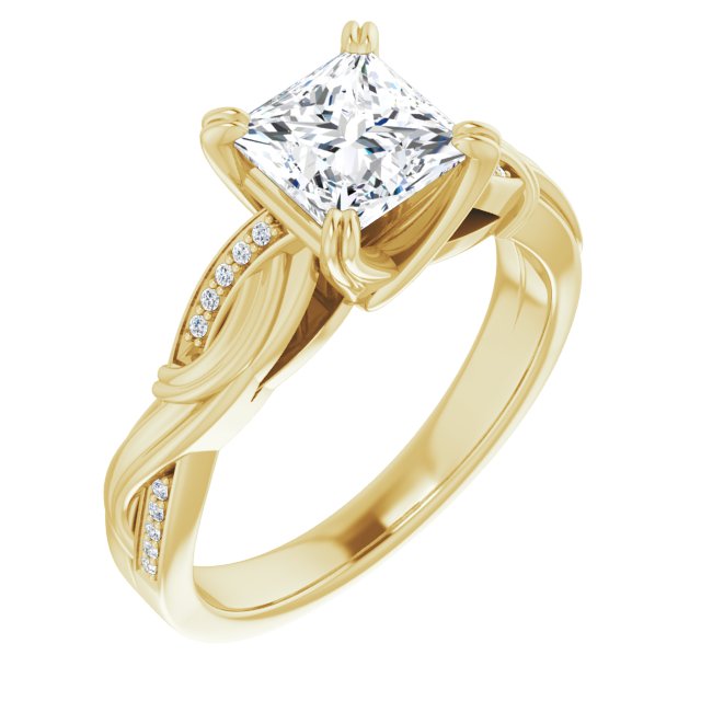 10K Yellow Gold Customizable Cathedral-raised Princess/Square Cut Design featuring Rope-Braided Half-Pavé Band