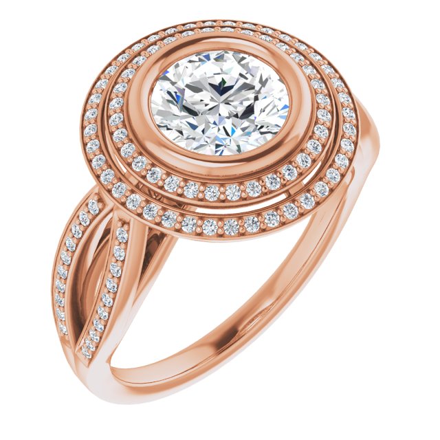14K Rose Gold Customizable Bezel-set Round Cut Style with Double Halo and Split Shared Prong Band