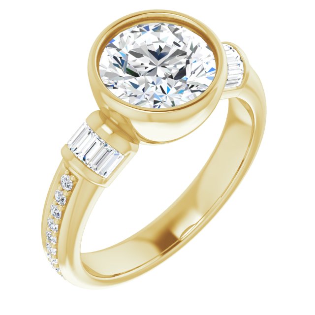 18K Yellow Gold Customizable Cathedral-Bezel Round Cut Style with Horizontal Baguettes & Shared Prong Band