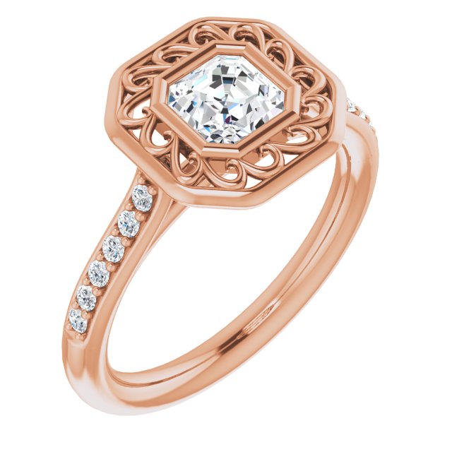 10K Rose Gold Customizable Cathedral-Bezel Asscher Cut Design with Floral Filigree and Thin Shared Prong Band
