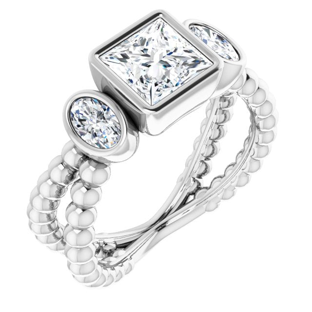 10K White Gold Customizable 3-stone Princess/Square Cut Design with 2 Oval Cut Side Stones and Wide, Bubble-Bead Split-Band