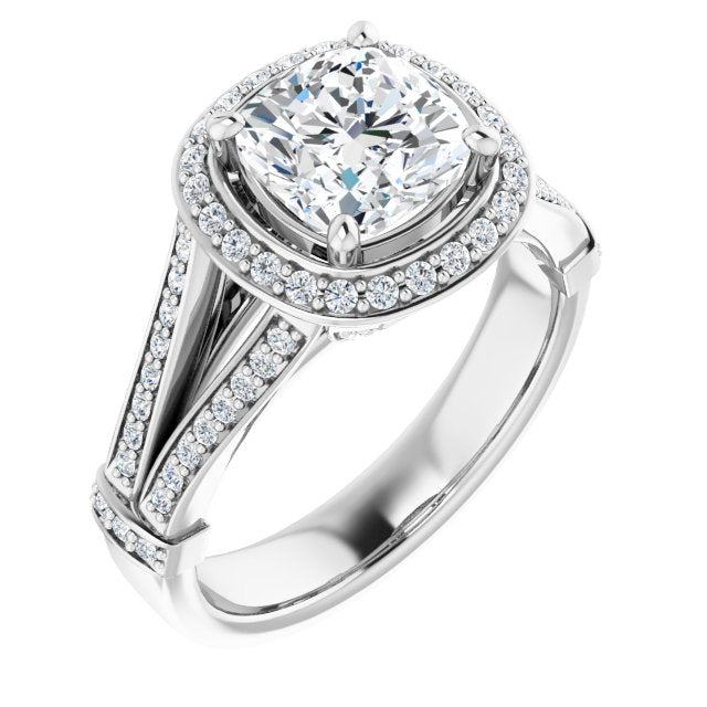 Cubic Zirconia Engagement Ring- The Cecelia (Customizable Cushion Cut Setting with Halo, Under-Halo Trellis Accents and Accented Split Band)