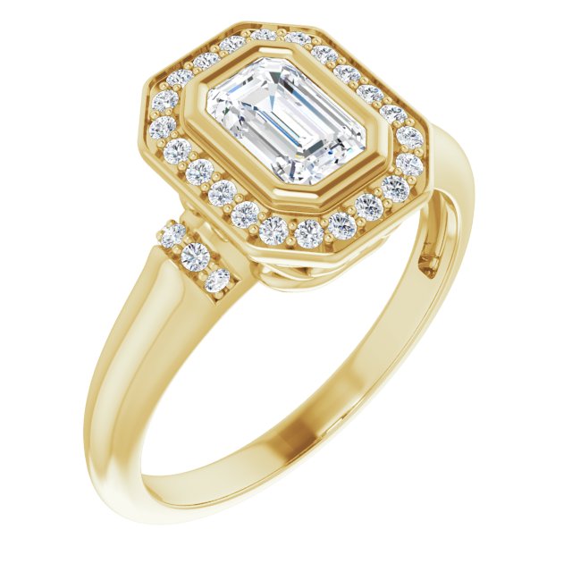 10K Yellow Gold Customizable Bezel-set Emerald/Radiant Cut Design with Halo and Vertical Round Channel Accents