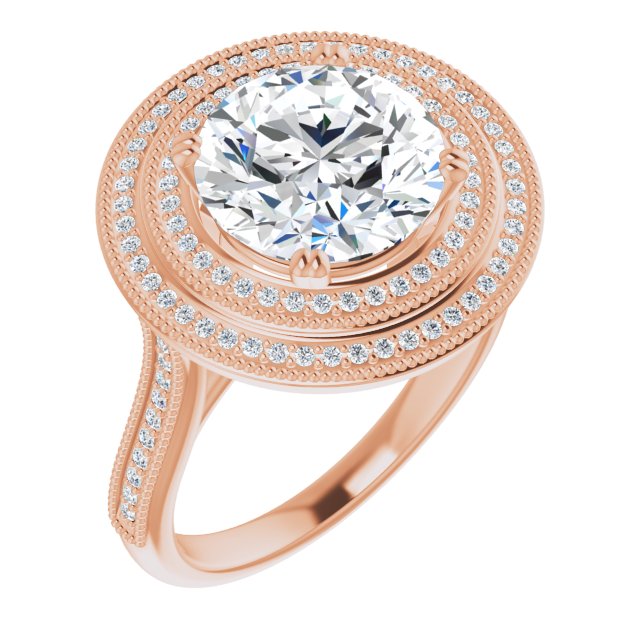 10K Rose Gold Customizable Round Cut Design with Elegant Double Halo, Houndstooth Milgrain and Band-Channel Accents