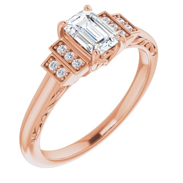 10K Rose Gold Customizable Engraved Design with Emerald/Radiant Cut Center and Perpendicular Band Accents