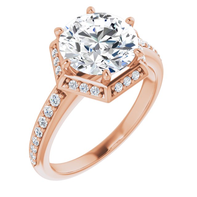 10K Rose Gold Customizable Round Cut Design with Geometric Under-Halo and Shared Prong Band