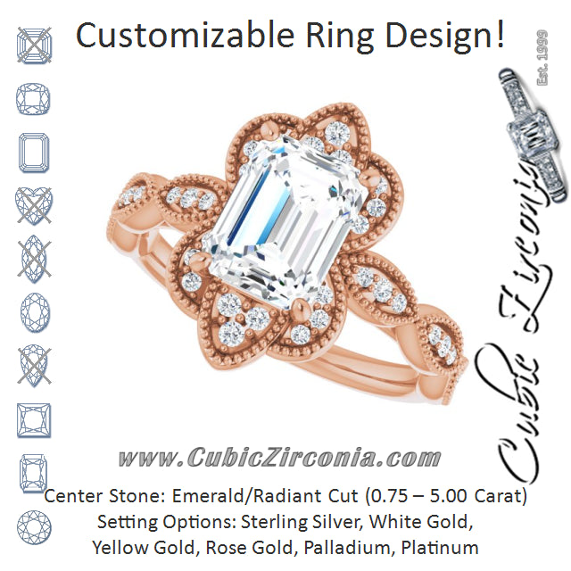 Cubic Zirconia Engagement Ring- The Huá (Customizable Cathedral-style Radiant Cut Design with Floral Segmented Halo & Milgrain+Accents Band)