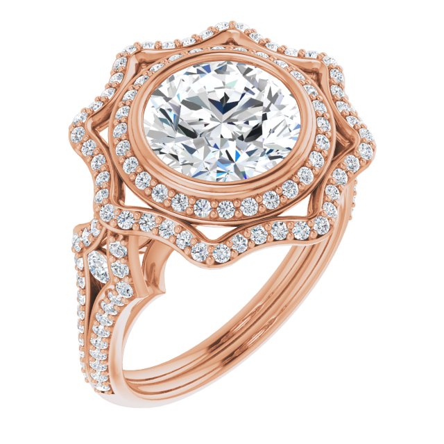 14K Rose Gold Customizable Round Cut Style with Ultra-wide Pavé Split-Band and Nature-Inspired Double Halo