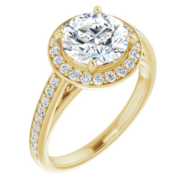 18K Yellow Gold Customizable Round Cut Style with Halo and Sculptural Trellis