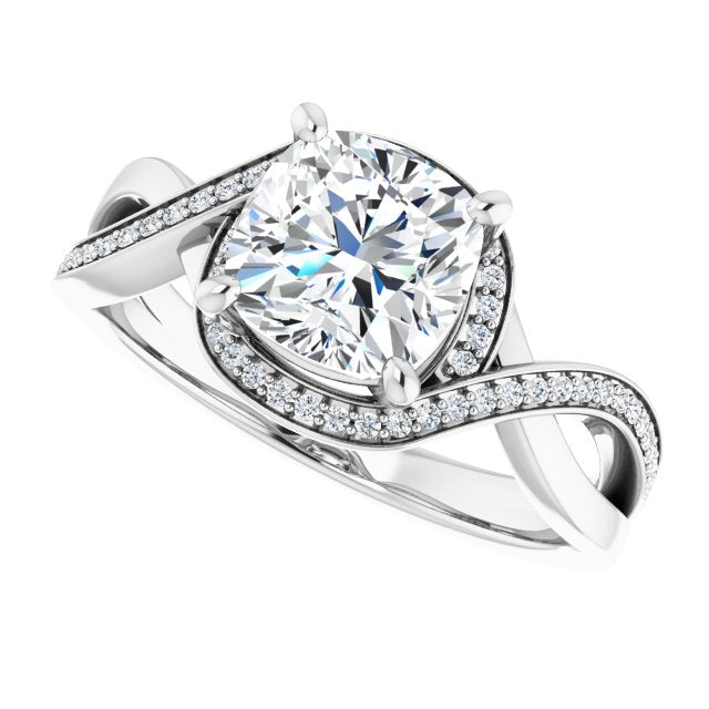 Cubic Zirconia Engagement Ring- The Ananya (Customizable Bypass-Halo-Accented Cushion Cut Center with Twisting Split Shared Prong Band)