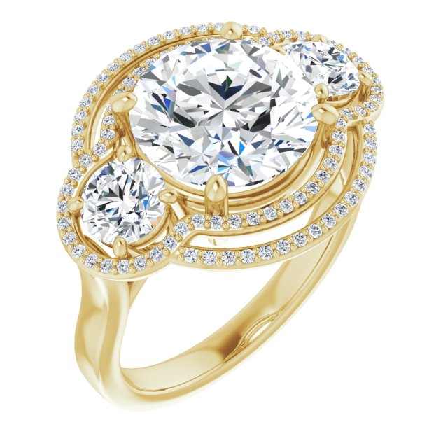 10K Yellow Gold Customizable Cathedral-set Enhanced 3-stone Round Cut Design with Multidirectional Halo