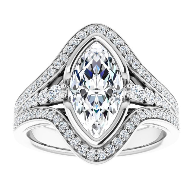 Cubic Zirconia Engagement Ring- The Paola (Customizable Cathedral-Bezel Marquise Cut Design with Wide Triple-Split-Pavé Band)