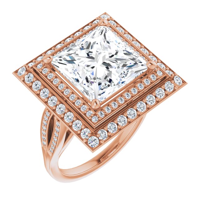10K Rose Gold Customizable Cathedral-style Princess/Square Cut Design with Double Halo & Split-Pavé Band