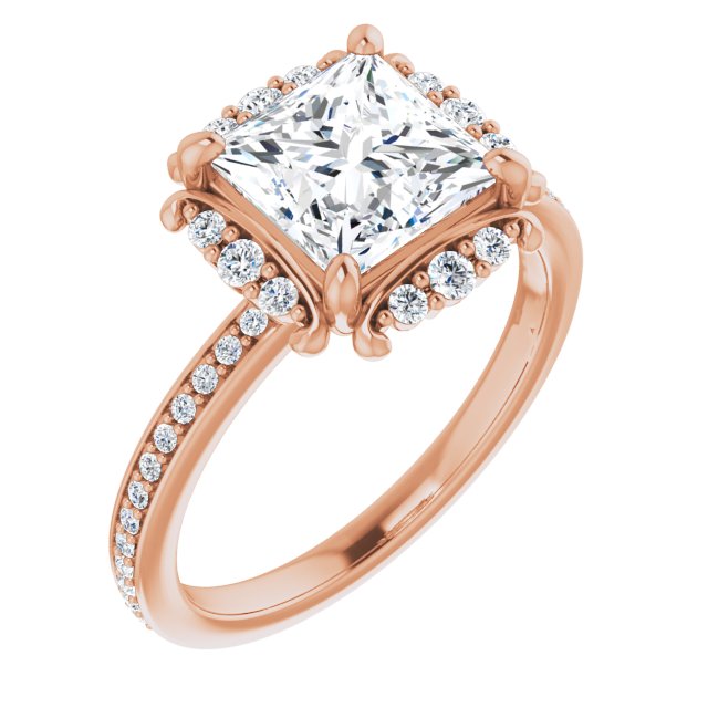 10K Rose Gold Customizable Princess/Square Cut Style with Halo and Thin Shared Prong Band