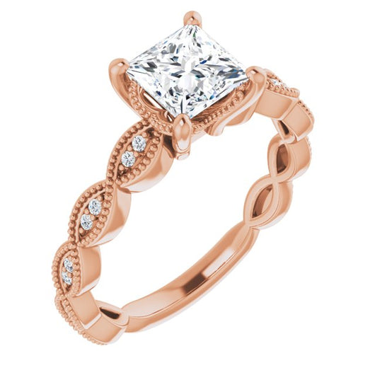 10K Rose Gold Customizable Princess/Square Cut Artisan Design with Scalloped, Round-Accented Band and Milgrain Detail