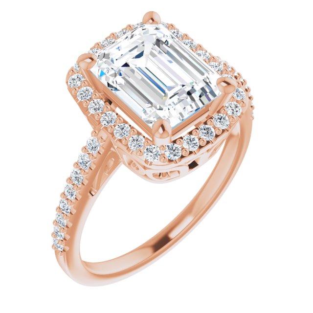 10K Rose Gold Customizable Cathedral-Crown Emerald/Radiant Cut Design with Halo and Accented Band