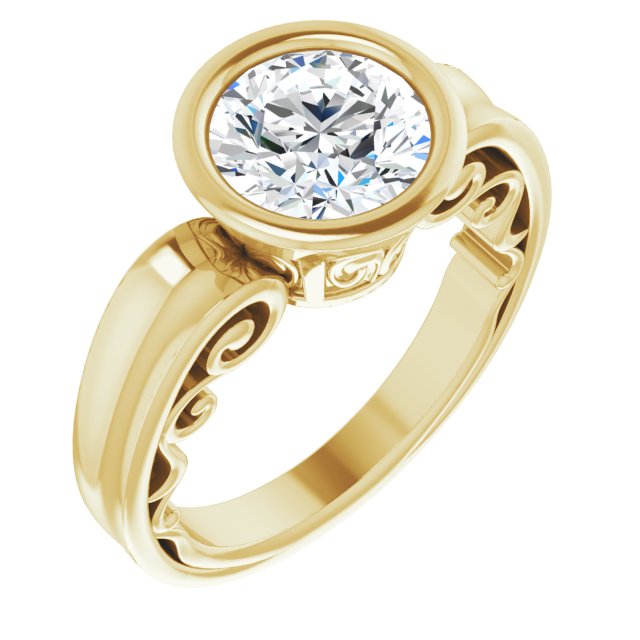 14K Yellow Gold Customizable Bezel-set Round Cut Solitaire with Wide 3-sided Band