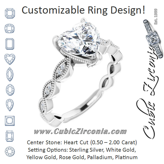 Cubic Zirconia Engagement Ring- The Shanice (Customizable Heart Cut Artisan Design with Scalloped, Round-Accented Band and Milgrain Detail)