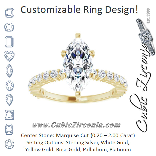 Cubic Zirconia Engagement Ring- The Thea (Customizable 6-prong Marquise Cut Design with Thin, Stackable Pavé Band)