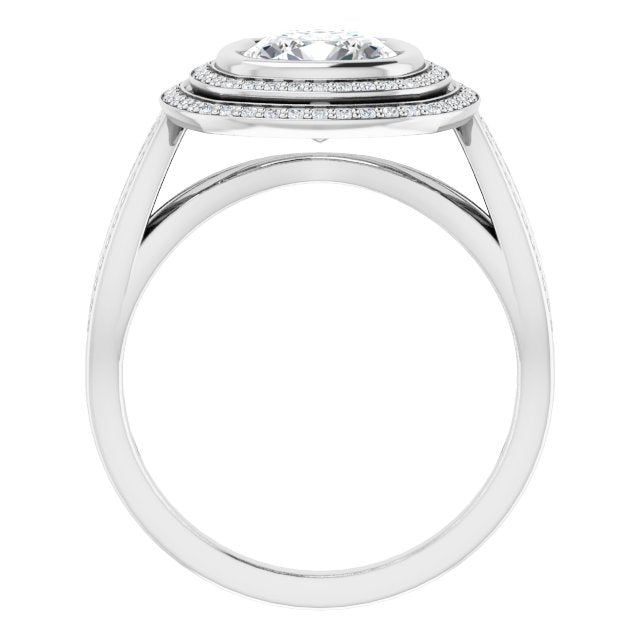 Cubic Zirconia Engagement Ring- The Eliana (Customizable Bezel-set Cushion Cut Style with Double Halo and Split Shared Prong Band)