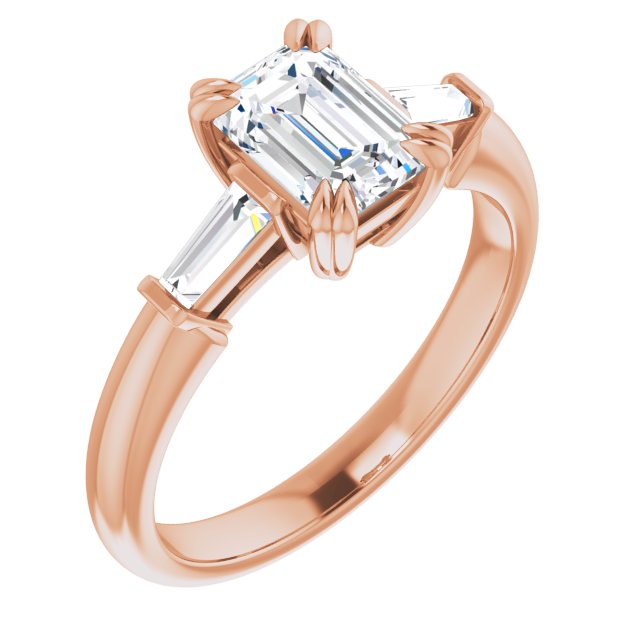 10K Rose Gold Customizable 3-stone Emerald/Radiant Cut Design with Tapered Baguettes