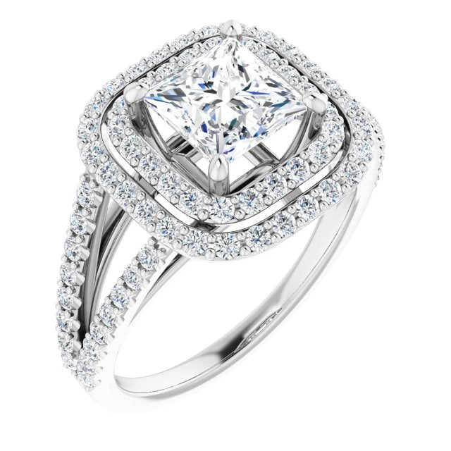 10K White Gold Customizable Princess/Square Cut Design with Double Halo and Wide Split-Pavé Band