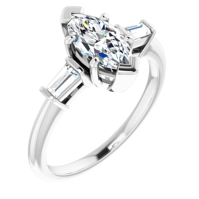 10K White Gold Customizable 3-stone Marquise Cut Design with Dual Baguette Accents)