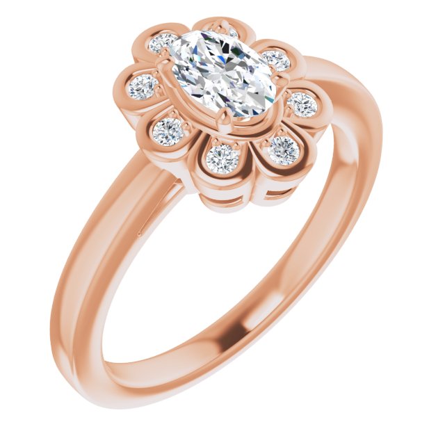 10K Rose Gold Customizable 9-stone Oval Cut Design with Round Bezel Side Stones