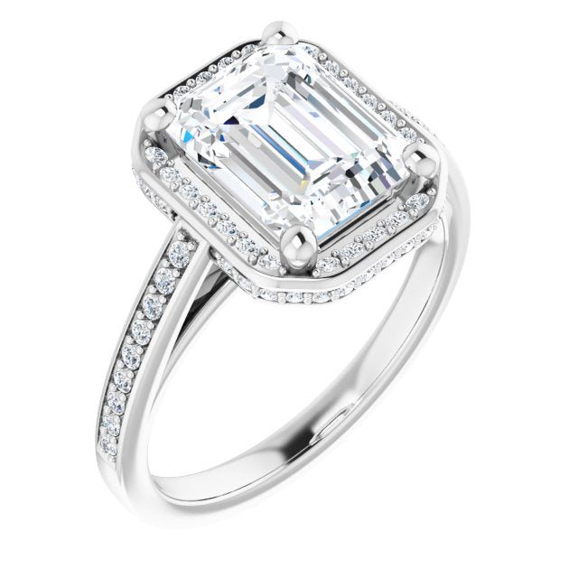 10K White Gold Customizable Cathedral-Halo Emerald/Radiant Cut Design with Under-halo & Shared Prong Band