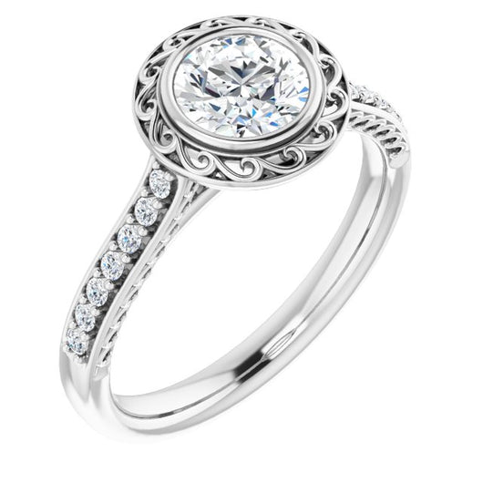 10K White Gold Customizable Cathedral-Bezel Round Cut Design featuring Accented Band with Filigree Inlay