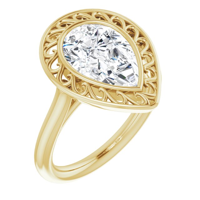 10K Yellow Gold Customizable Cathedral-Bezel Style Pear Cut Solitaire with Flowery Filigree