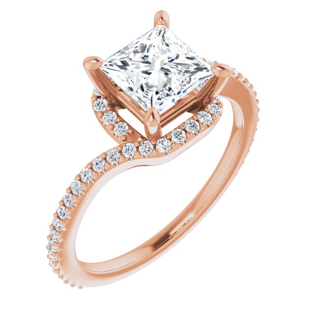 10K Rose Gold Customizable Artisan Princess/Square Cut Design with Thin, Accented Bypass Band