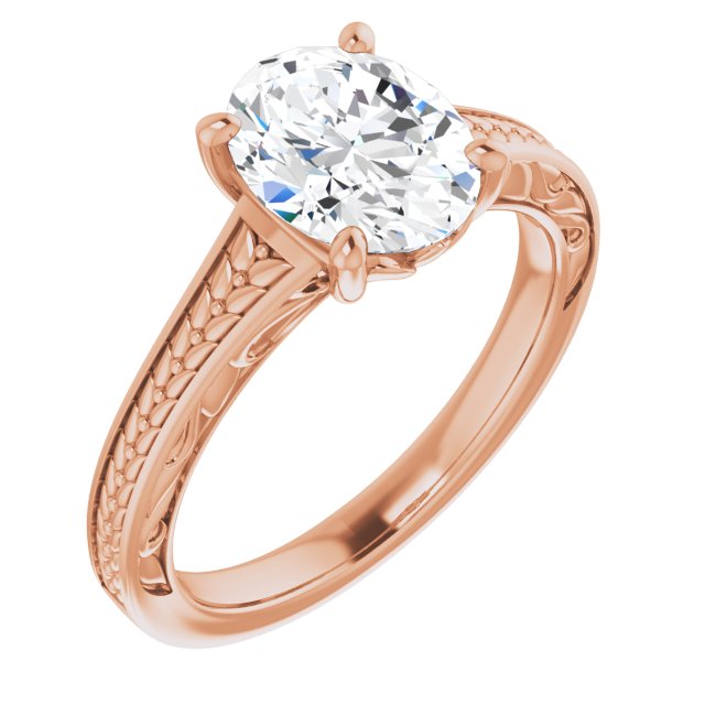 10K Rose Gold Customizable Oval Cut Solitaire with Organic Textured Band and Decorative Prong Basket