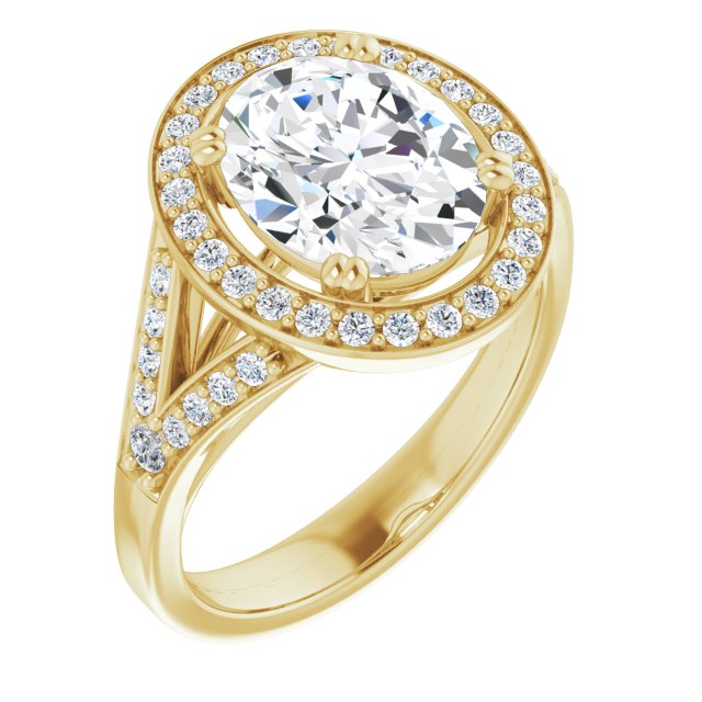 10K Yellow Gold Customizable Cathedral-set Oval Cut Style with Accented Split Band and Halo