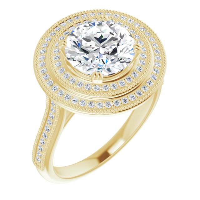 14K Yellow Gold Customizable Round Cut Design with Elegant Double Halo, Houndstooth Milgrain and Band-Channel Accents