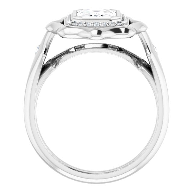 Cubic Zirconia Engagement Ring- The Jeanne (Customizable Bezel-set Emerald Cut with Halo & Oversized Floral Design)