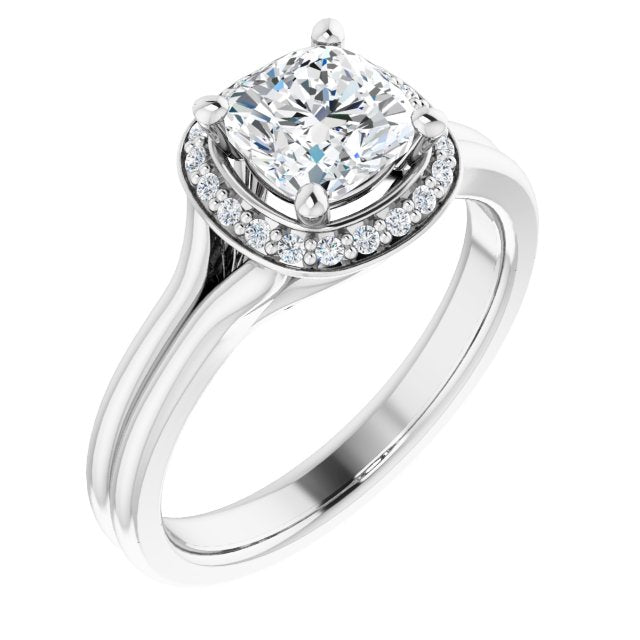 14K White Gold Customizable Cathedral-set Cushion Cut Design with Split-band & Halo Accents