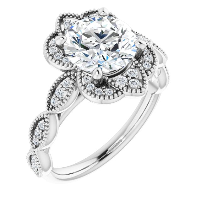 18K White Gold Customizable Cathedral-style Round Cut Design with Floral Segmented Halo & Milgrain+Accents Band