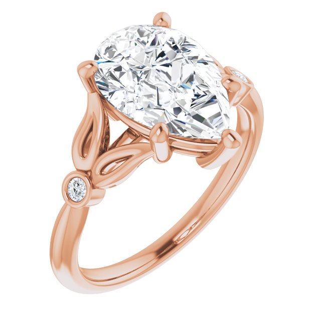 10K Rose Gold Customizable 3-stone Pear Cut Design with Thin Band and Twin Round Bezel Side Stones