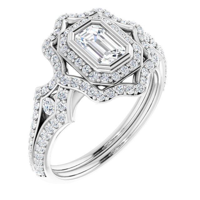 10K White Gold Customizable Emerald/Radiant Cut Style with Ultra-wide Pavé Split-Band and Nature-Inspired Double Halo