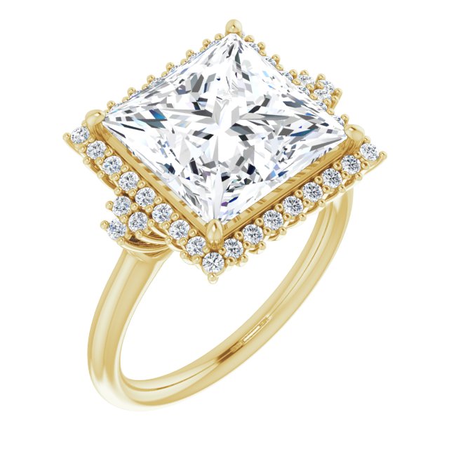 10K Yellow Gold Customizable Princess/Square Cut Cathedral-Halo Design with Tri-Cluster Round Accents