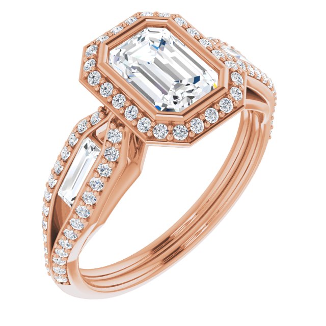 10K Rose Gold Customizable Cathedral-Bezel Emerald/Radiant Cut Design with Halo, Split-Pavé Band & Channel Baguettes
